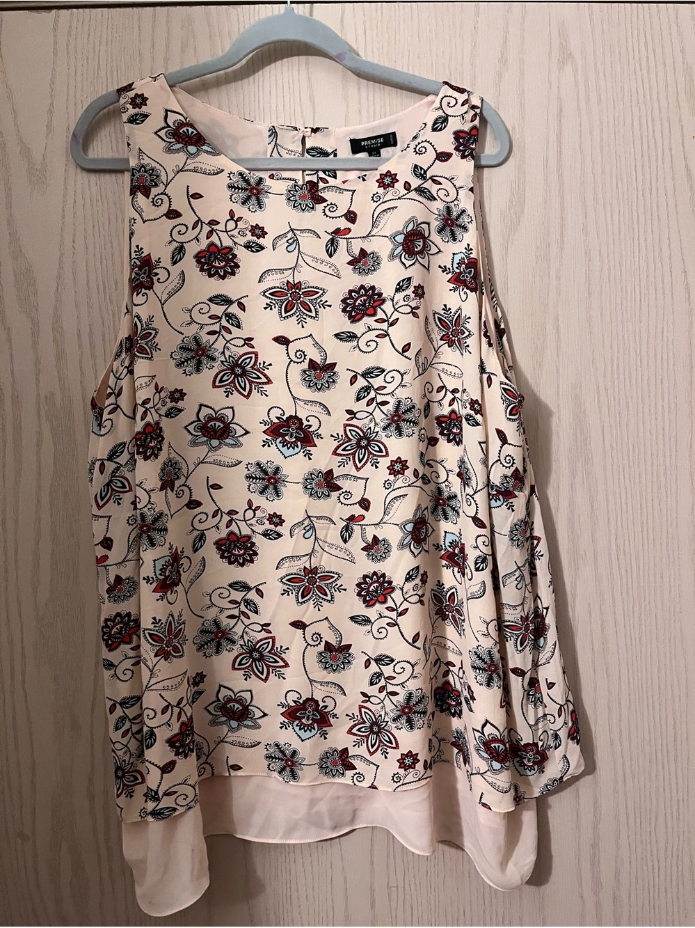 Premise Cream Floral Sleeveless Blouse with Red and Blue Accents